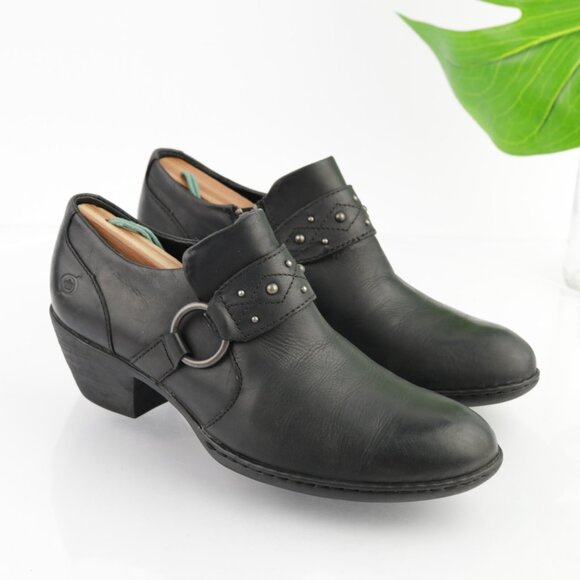 Born Womens Lorlei Boot Size 8 Black Leather Low Block Heel Harness Western Moto - Picture 2 of 12